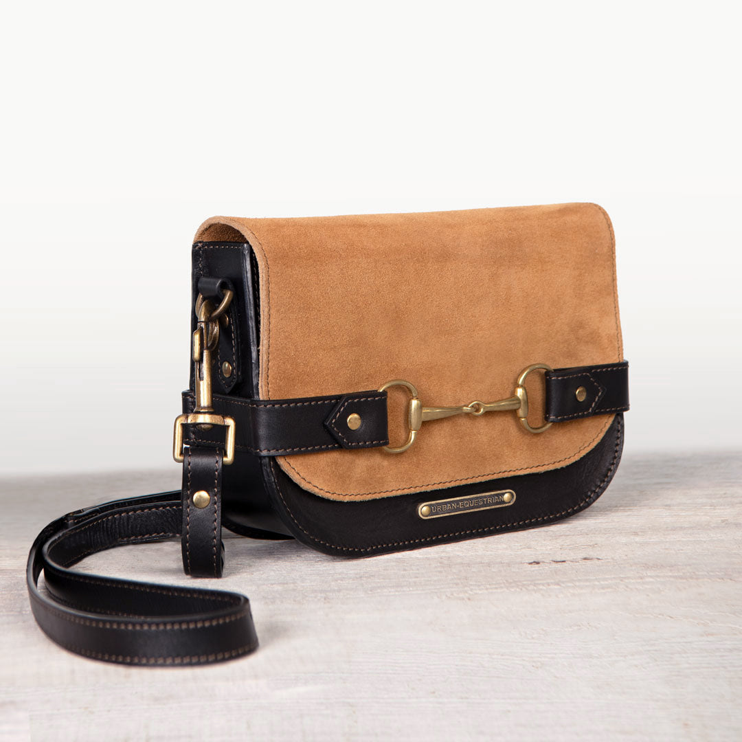 Urban Equestrian  Saratoga- Horse Bit Crossbody Luxury Leather Handbag in Black on Chestnut