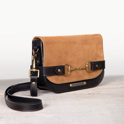 Urban Equestrian  Saratoga- Horse Bit Crossbody Luxury Leather Handbag in Black on Chestnut