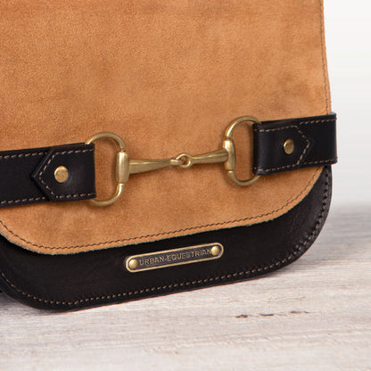 Urban Equestrian  Saratoga- Horse Bit Crossbody Luxury Leather Handbag in Black on Chestnut