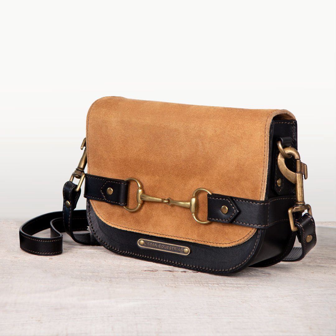 Urban Equestrian  Saratoga- Horse Bit Crossbody Luxury Leather Handbag in Black on Chestnut