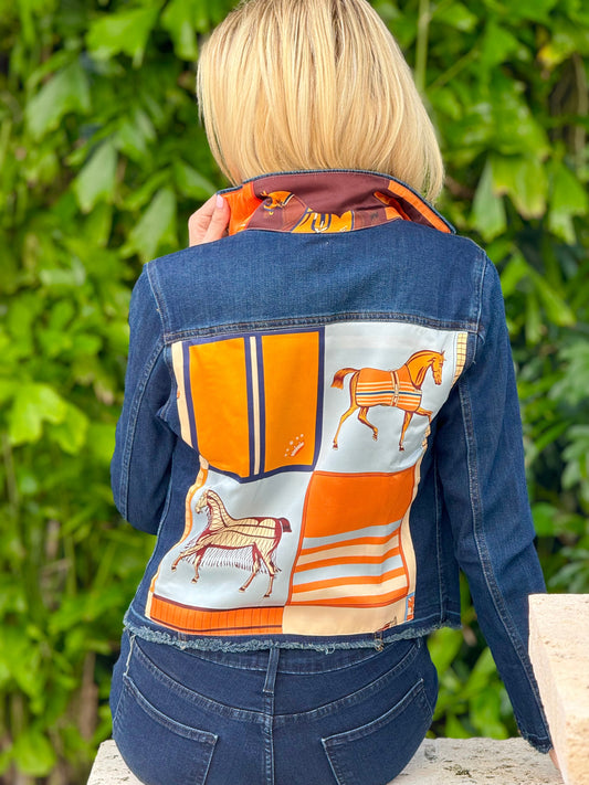 Stacy Bradley Design, The Dark  Denim Jacket - Light Blue with Orange Horse