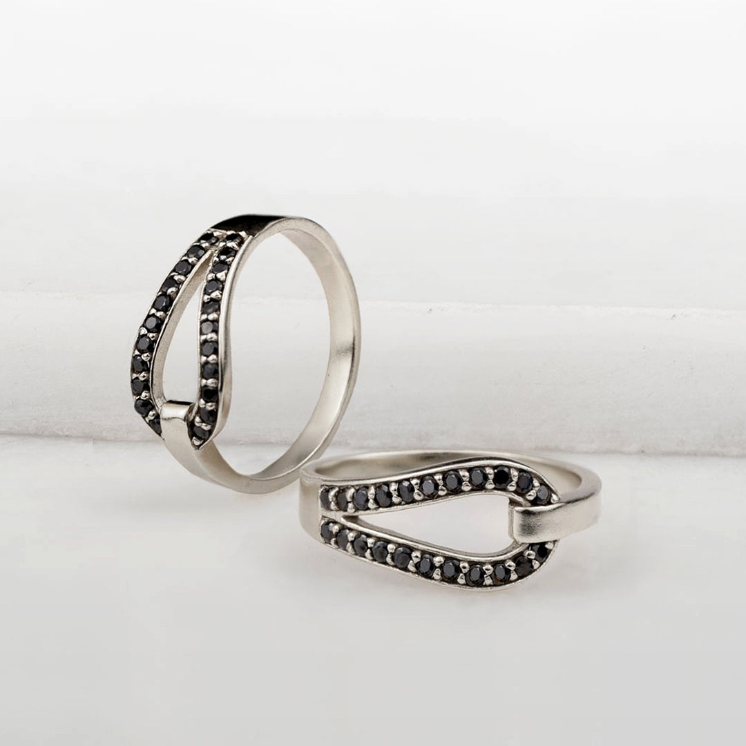 Urban Equestrian  Levade - Black Moissanite Equestrian Horseshoe Ring in Silver