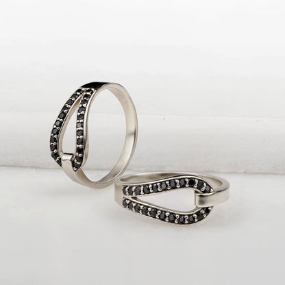 Urban Equestrian  Levade - Black Moissanite Equestrian Horseshoe Ring in Silver