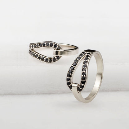 Urban Equestrian  Levade - Black Moissanite Equestrian Horseshoe Ring in Silver