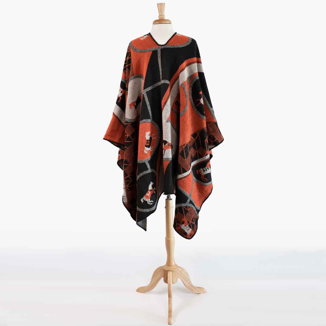 Urban Equestrian  Adina -  Equestrian Motif Shawl in Tangerine, Charcoal and Black Luxe Wrap