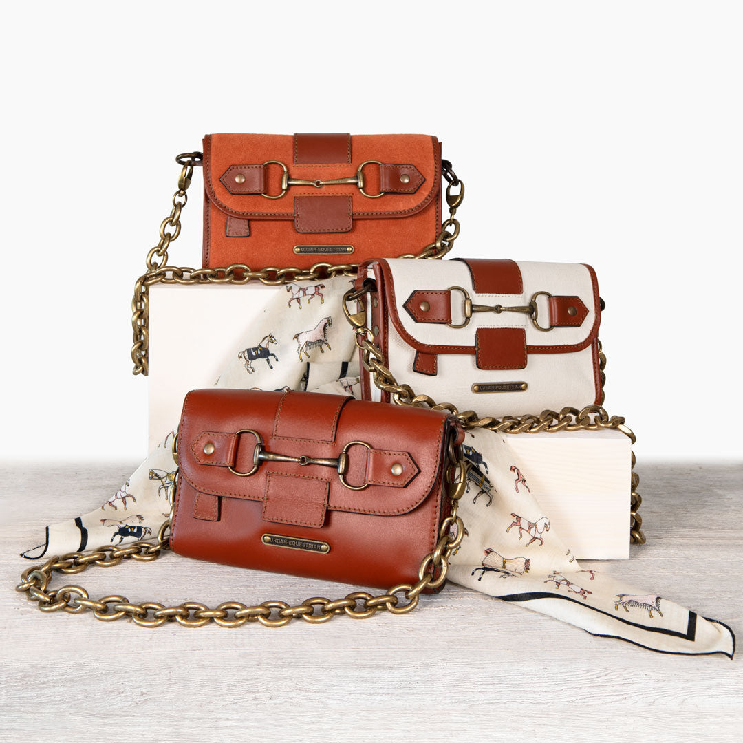Urban Equestrian  Dalton - Horse Bit Crossbody Luxury Leather Handbag in Cognac on Ivory
