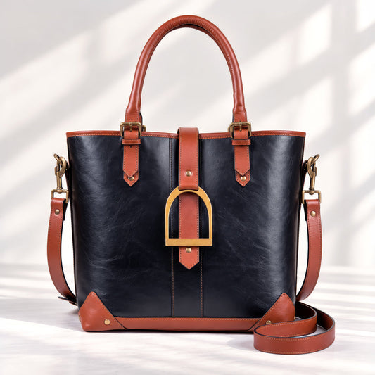 Urban Equestrian  Signature - Riding Stirrup Tote Luxury Leather Handbag in Cognac on Black