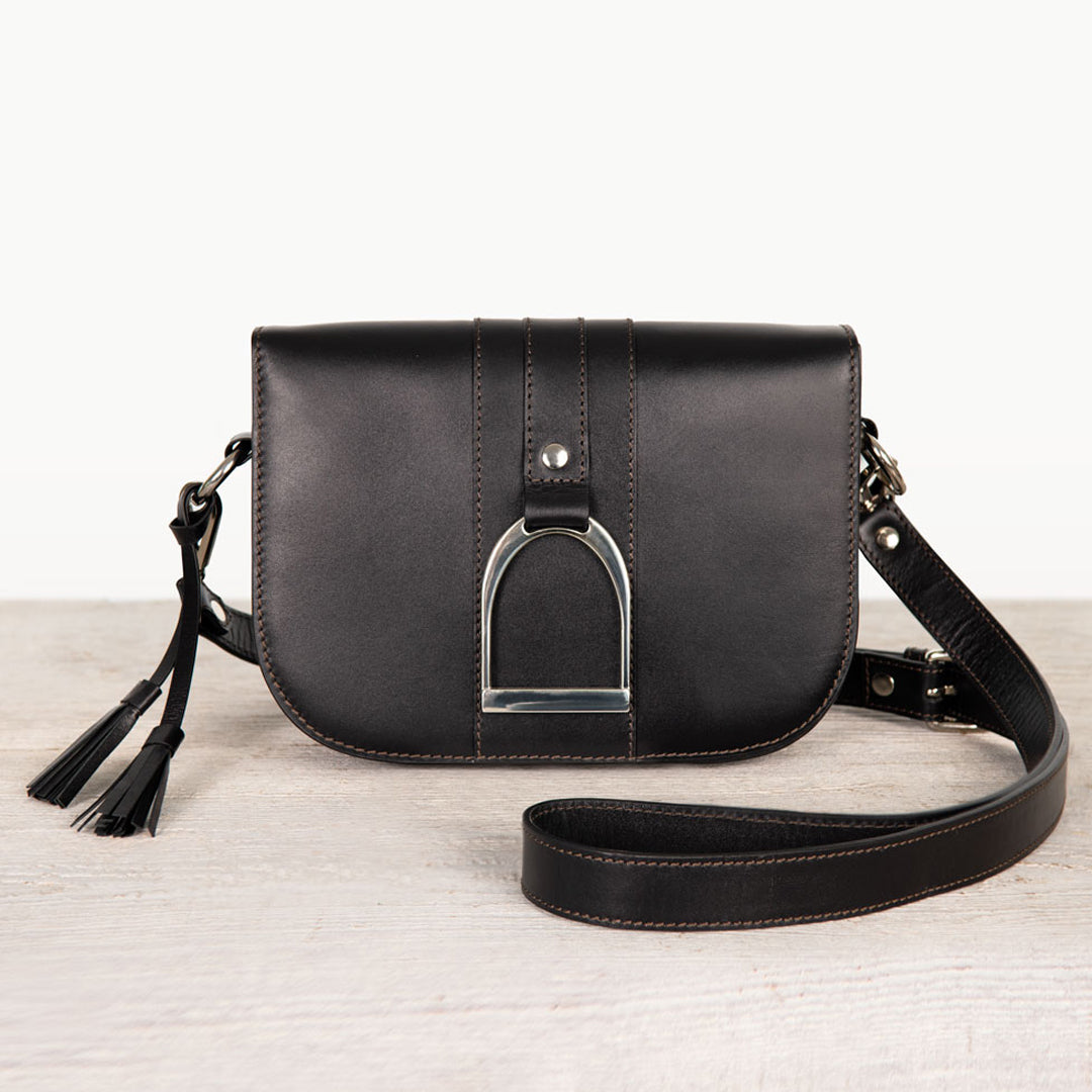 Urban Equestrian  Signature Stirrup - Riding Stirrup Crossbody Luxury Leather Handbag in Black