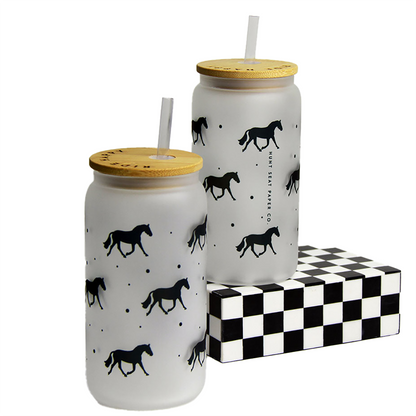 Trotting Horse Glass Tumbler with Bamboo Lid and Straw