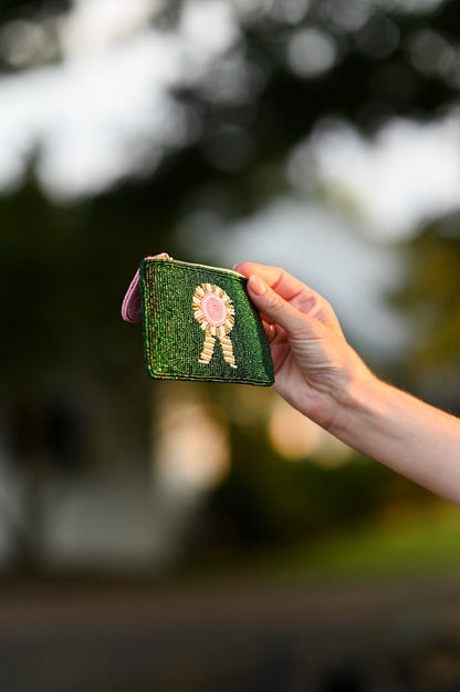 Tucker Tweed  Green Ribbon Small Beaded Pouch