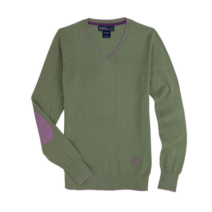 Essex Classics  Moss Green with Mauve Trey V-Neck Sweater