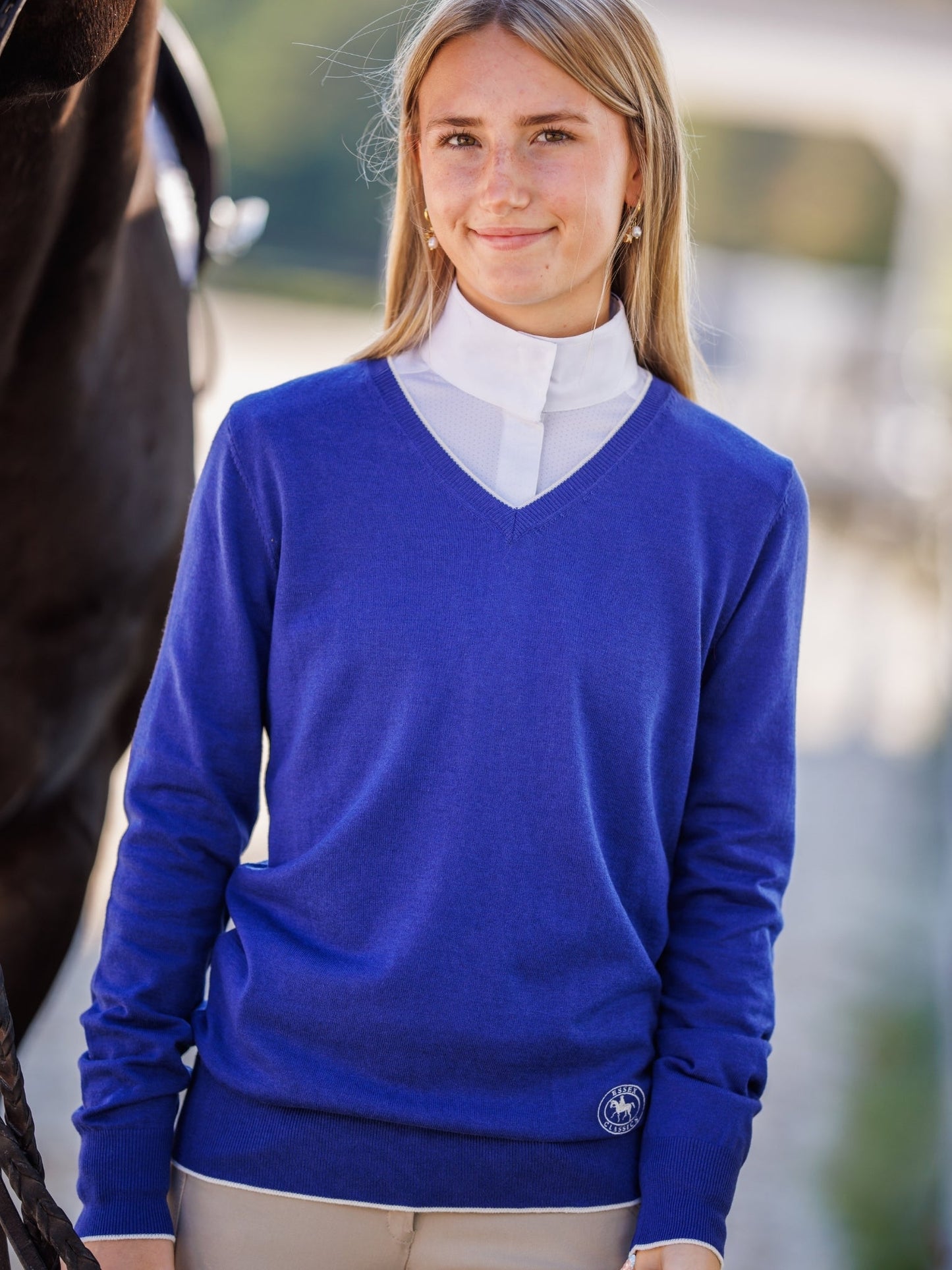 Essex Classics  Sapphire with Ivory Trey V-Neck Sweater