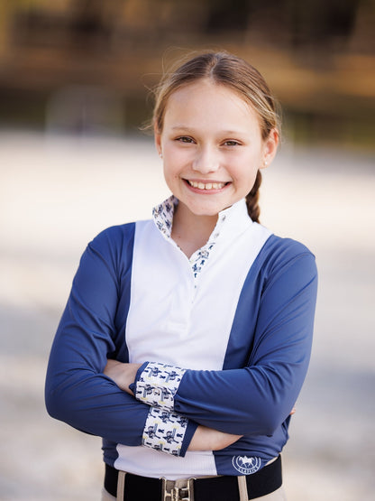 Essex Classics Girls "Luna II" Marine Blue with Blue Ribbon Winner Long Sleeve Performance Show Shirt