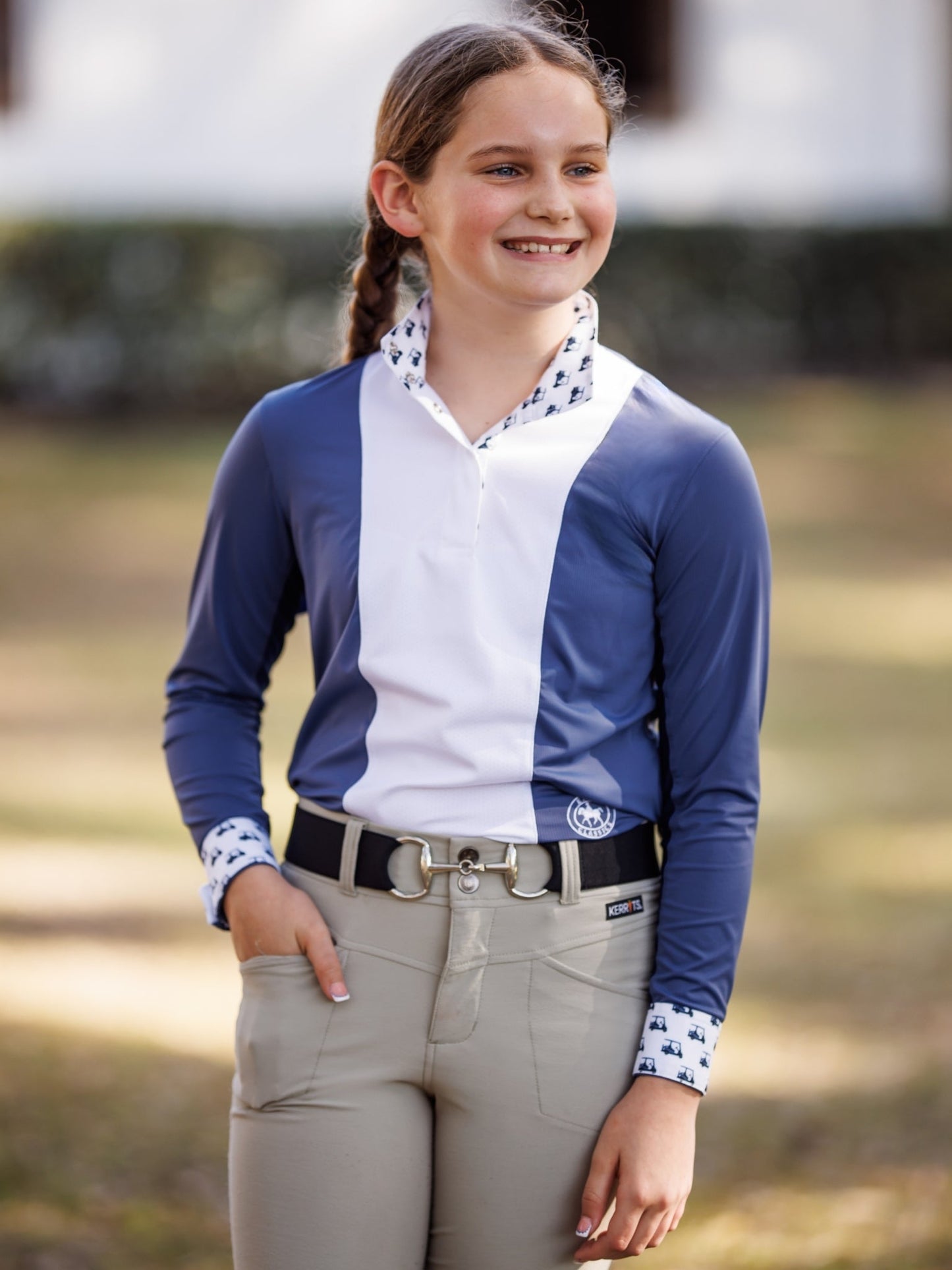 Essex Classics Girls "Luna II" Marine Blue with Golf Carts Long Sleeve Performance Show Shirt