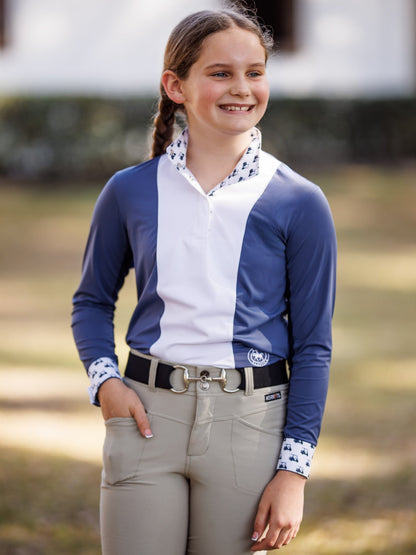 Essex Classics Girls "Luna II" Marine Blue with Golf Carts Long Sleeve Performance Show Shirt