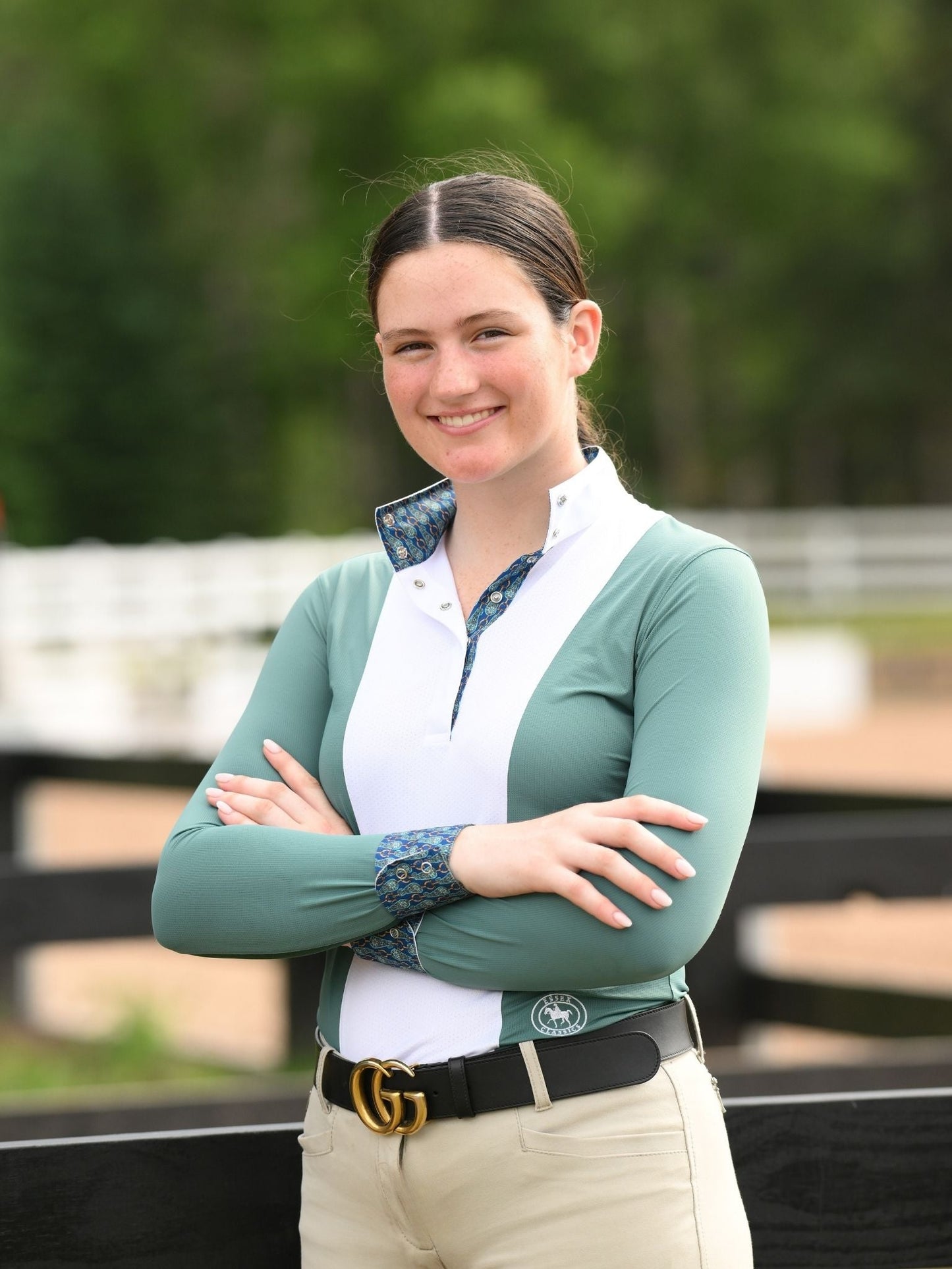 Essex Classics  Ladies "Luna II" Forest Green with Golden Snaffle Long Sleeve Performance Show Shirt
