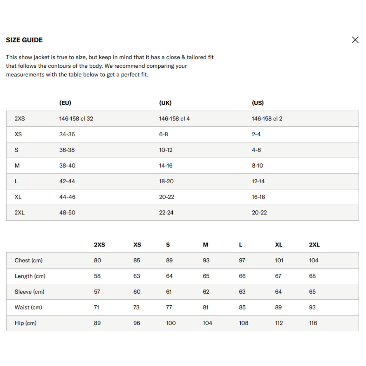 Maya Delorez Women's Show Jacket-Size Chart