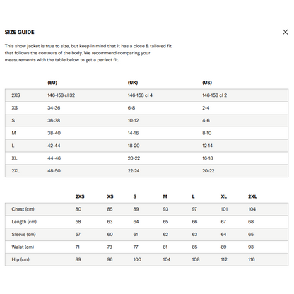 Maya Delorez Women's Show Jacket-Size Chart