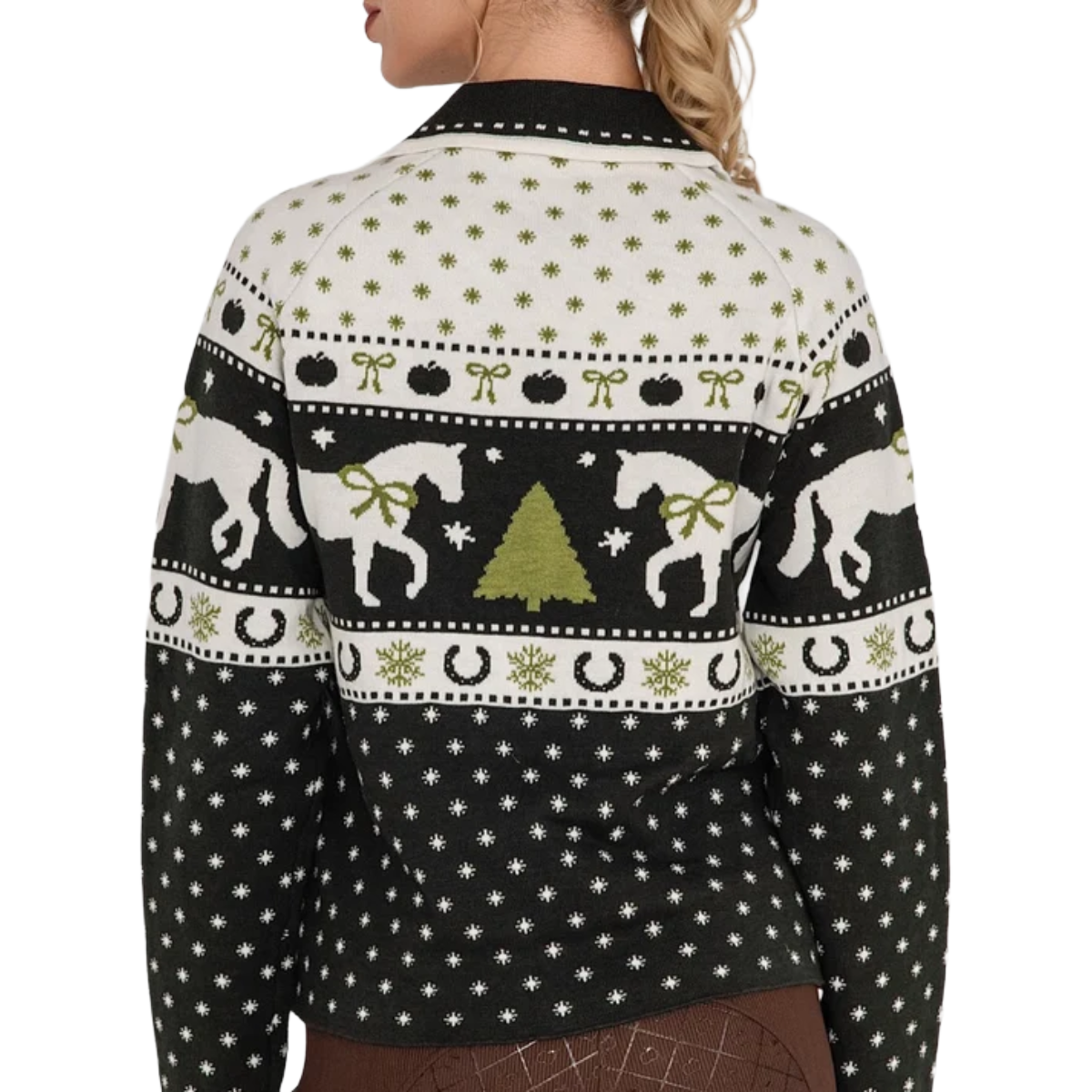 Dapplebay Womens Gift Horse Sweater Model rear facing green