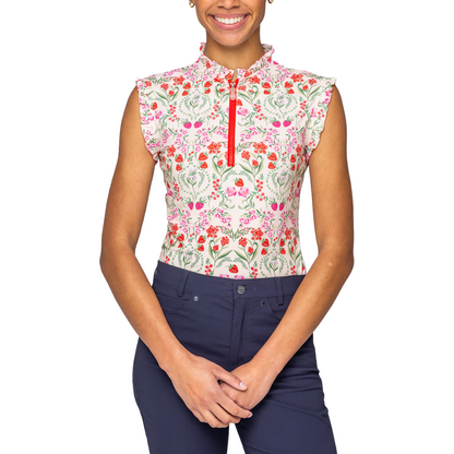 Kastel Women's Red Scandinavian Berries Ruffle Tank 1/4 Zip Sun Shirt