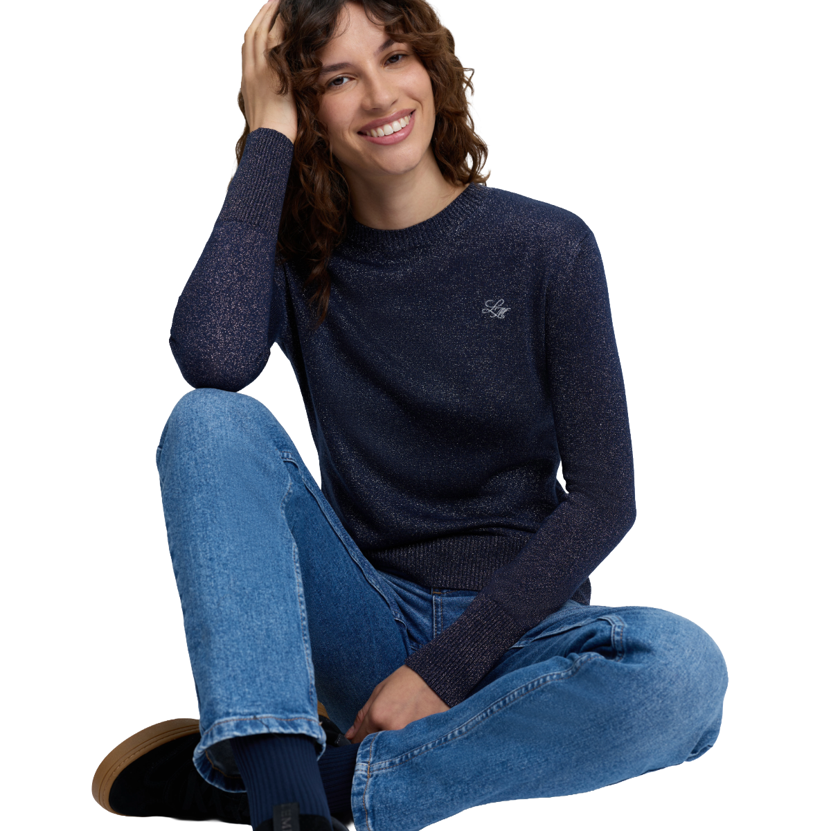 LeMieux Women's Lustre Sparkle Crew Knit Jumper model view in sapphire 