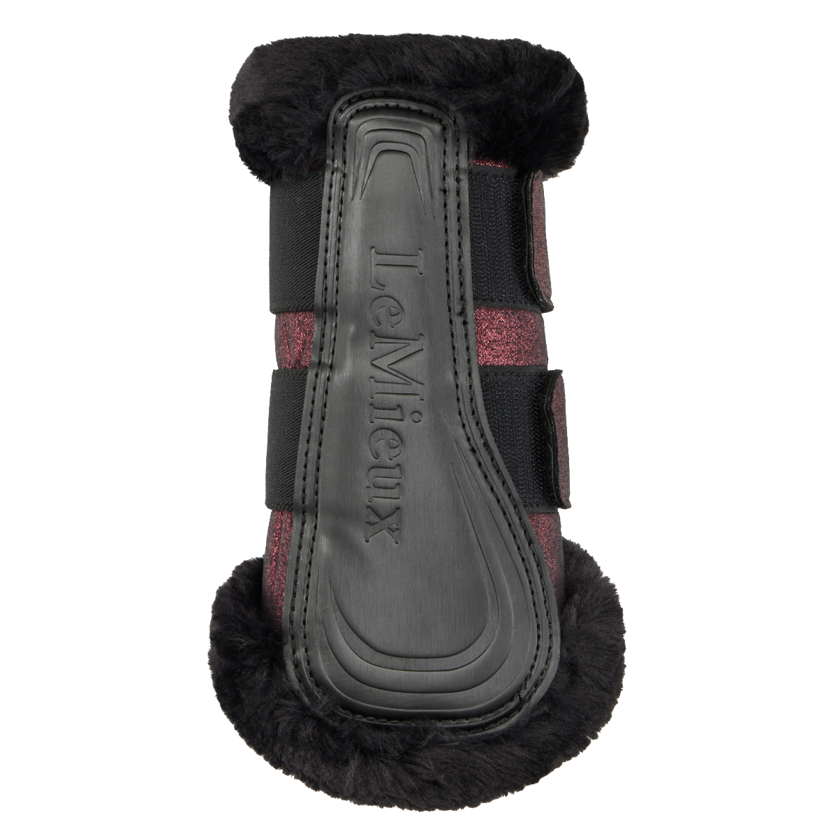 LeMieux Lustre Fleece Edged Brushing Boots logo view in Garnet