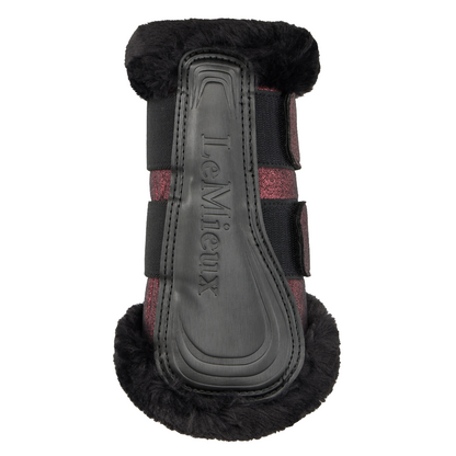 LeMieux Lustre Fleece Edged Brushing Boots logo view in Garnet
