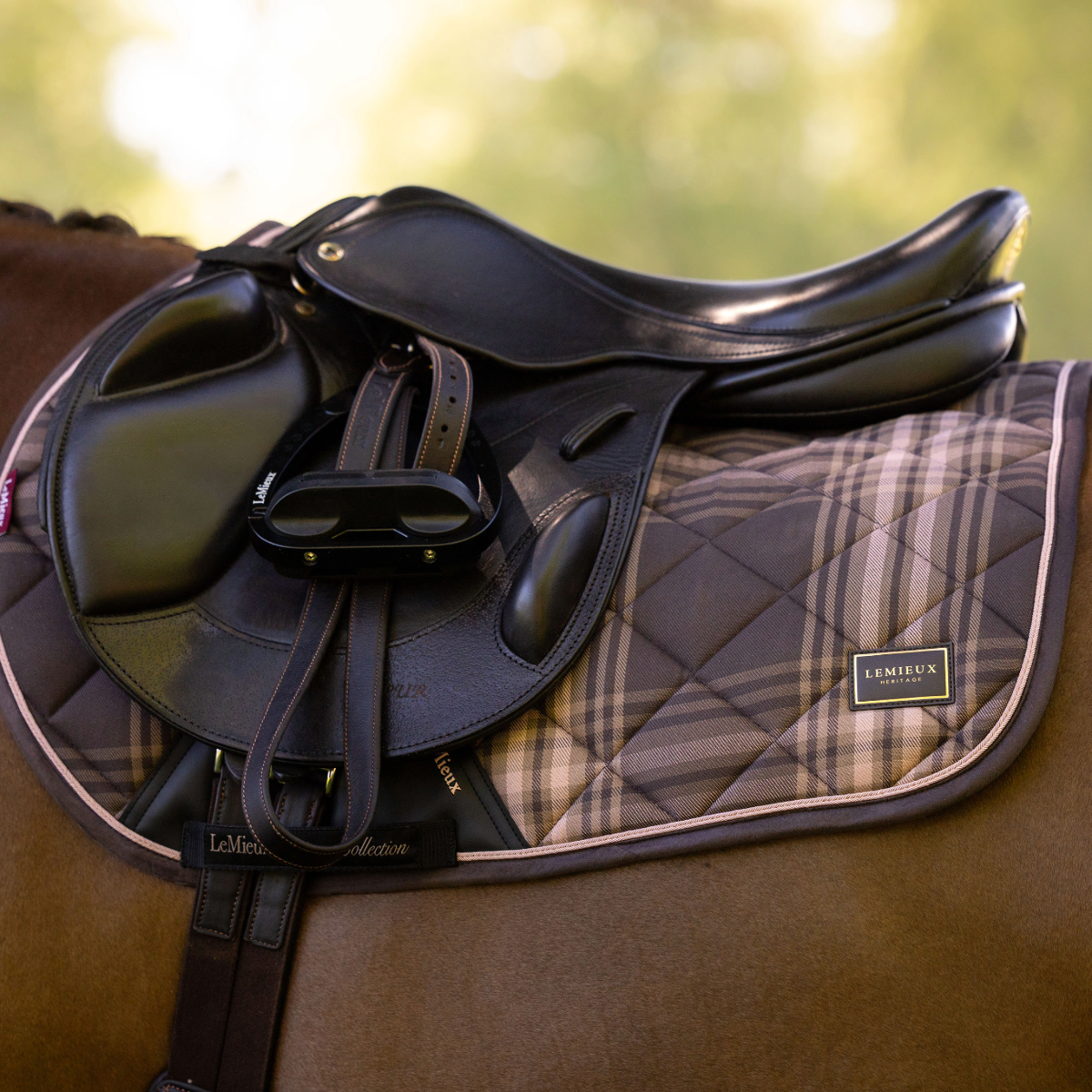 LeMieux Heritage Check Jump Square Saddle Pad-cocoa-model view