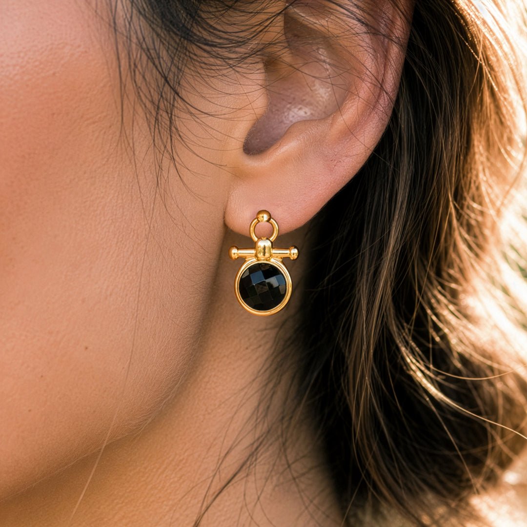 Urban Equestrian  Adele - Black Onyx Horse Bit Equestrian Earring in Gold