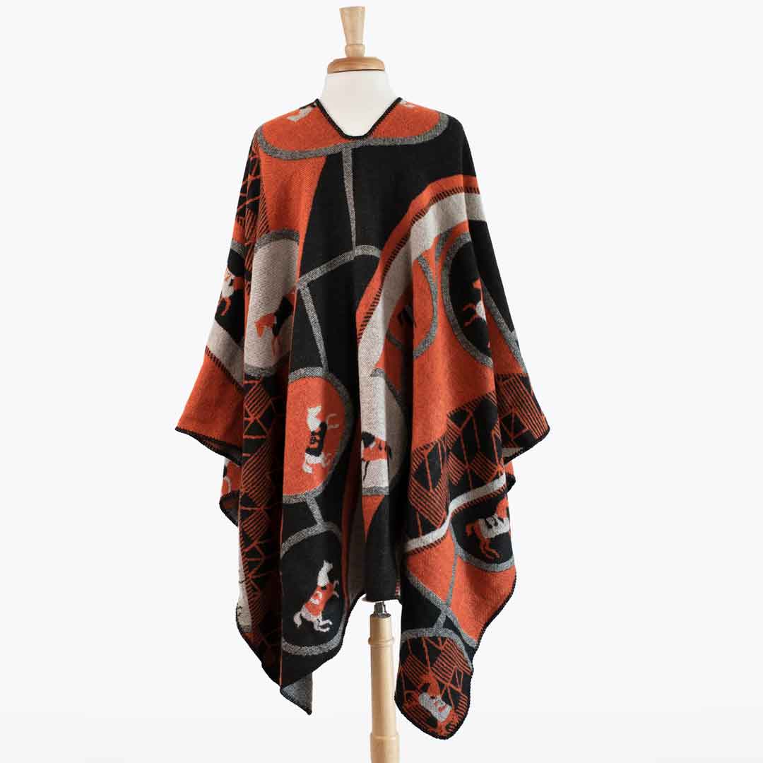 Urban Equestrian  Adina -  Equestrian Motif Shawl in Tangerine, Charcoal and Black Luxe Wrap
