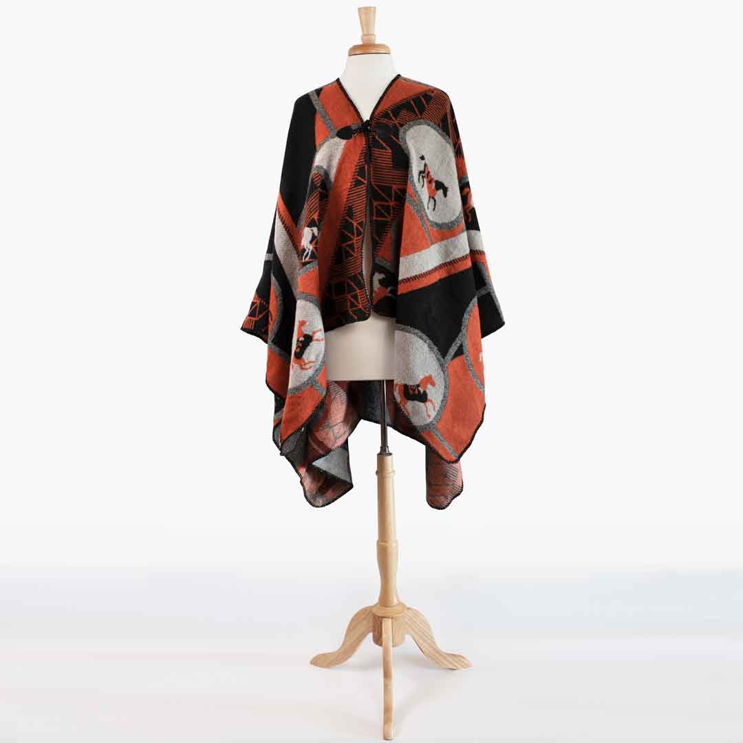 Urban Equestrian  Adina -  Equestrian Motif Shawl in Tangerine, Charcoal and Black Luxe Wrap