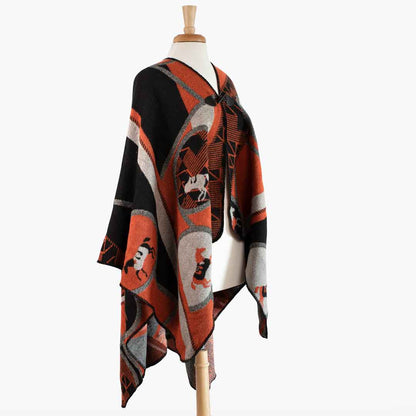 Urban Equestrian  Adina -  Equestrian Motif Shawl in Tangerine, Charcoal and Black Luxe Wrap