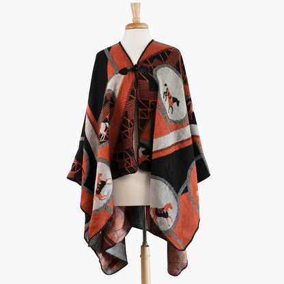 Urban Equestrian  Adina -  Equestrian Motif Shawl in Tangerine, Charcoal and Black Luxe Wrap
