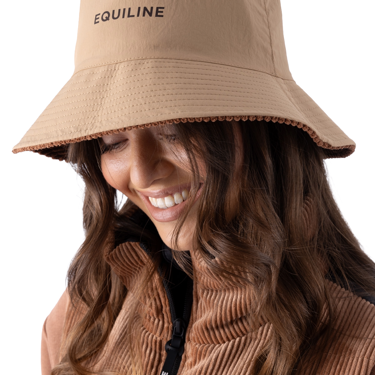 Equiline EQREV Reversible Corduroy Bucket Hat in brown - logo detail