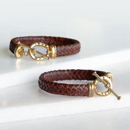Urban Equestrian  Aristo - 14K Gold Vermeil Brown Leather Horseshoe Bracelet