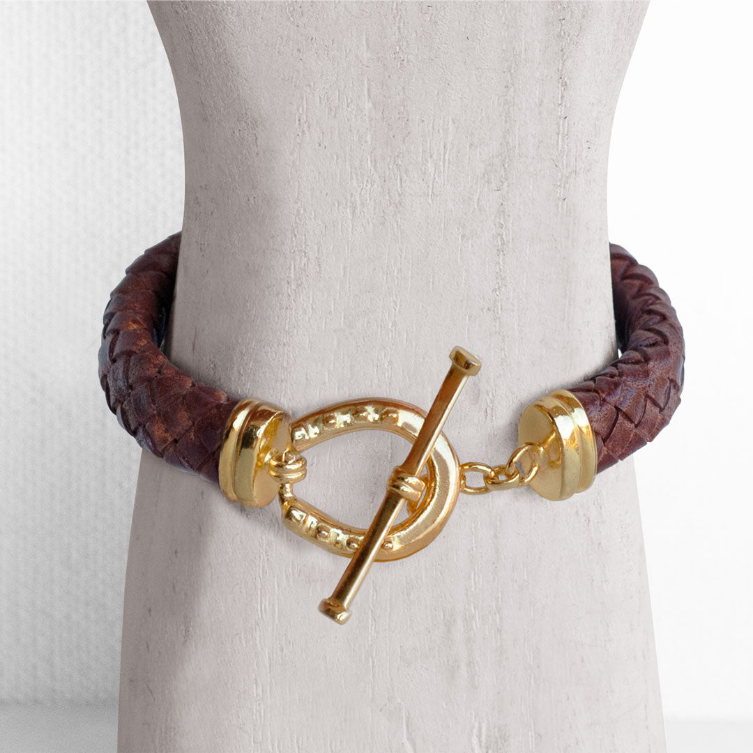 Urban Equestrian  Aristo - 14K Gold Vermeil Brown Leather Horseshoe Bracelet