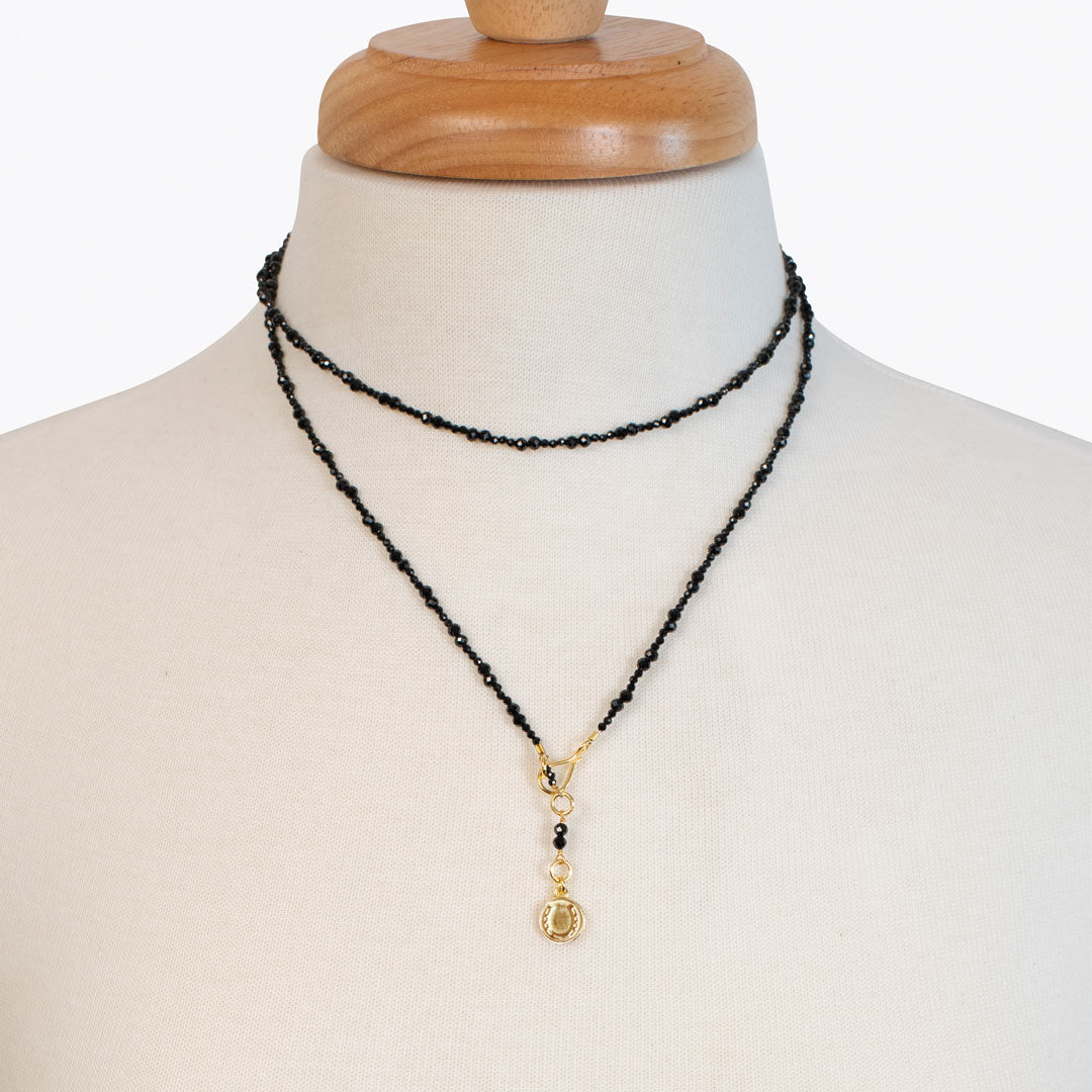 Urban Equestrian  Aurora - Black Onyx & Gold Horseshoe Coin Strand Necklace