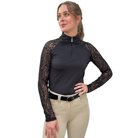 Kastel Black Floral Lace Raglan Long Sleeve 1/4 Zip Shirt