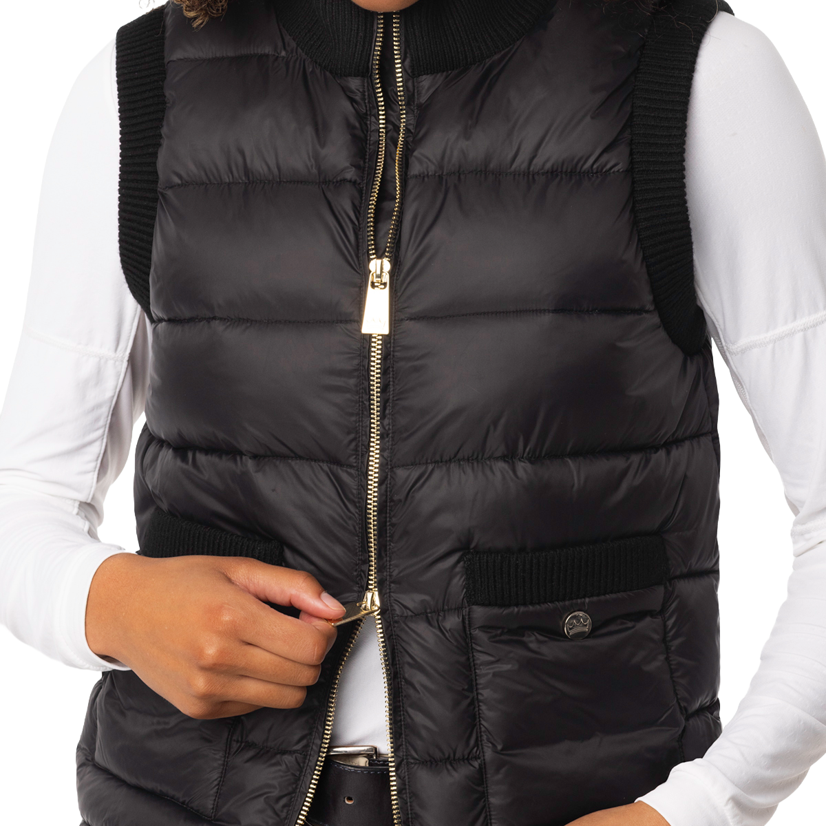 Women's Quilted Vest w/ Gold Zipper - Black - Dual Zipper Detail