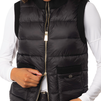 Women's Quilted Vest w/ Gold Zipper - Black - Dual Zipper Detail