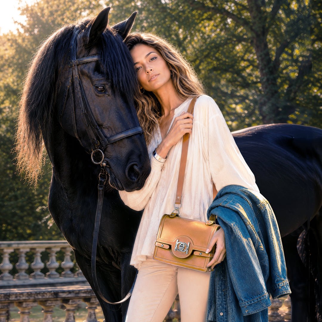 Urban Equestrian  Bella -  Horse Bit Talisman Crossbody Luxury Leather Handbag in Caramel