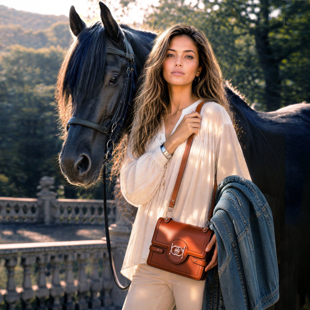 Urban Equestrian  Bella -  Horse Bit Talisman Crossbody Luxury Leather Handbag in Cognac
