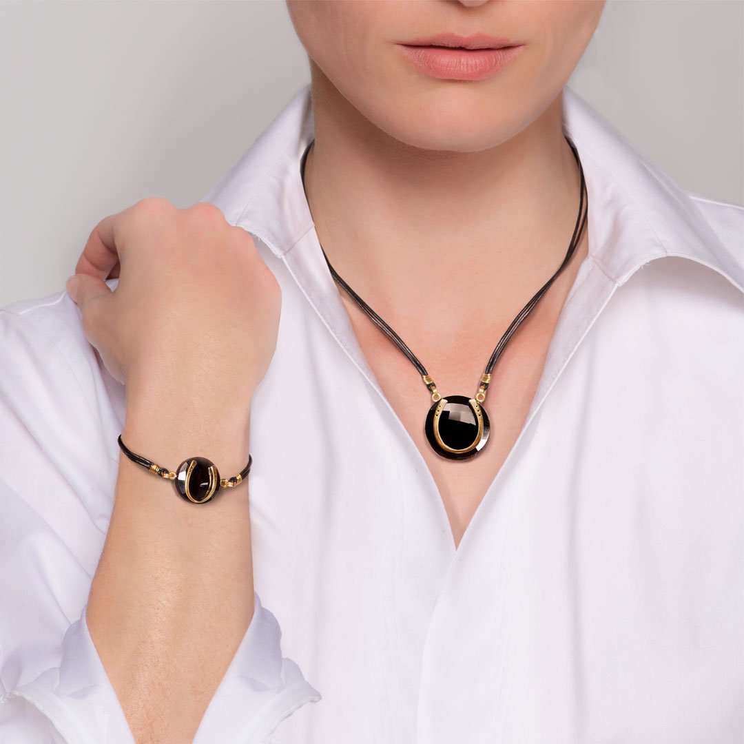 Urban Equestrian  Black Onyx &  Leather 14K Gold Vermeil Horseshoe Necklace