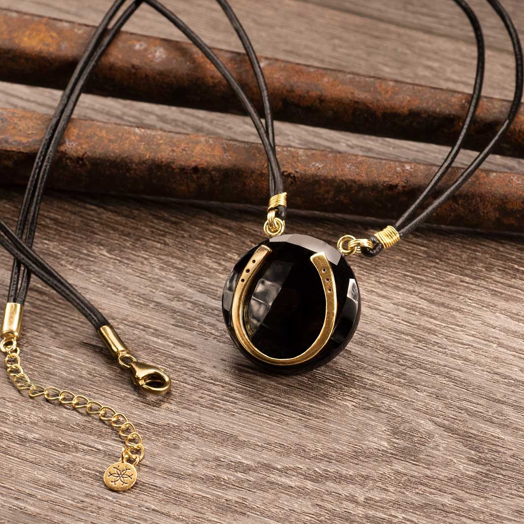 Urban Equestrian  Black Onyx &  Leather 14K Gold Vermeil Horseshoe Necklace
