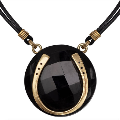 Urban Equestrian  Black Onyx &  Leather 14K Gold Vermeil Horseshoe Necklace