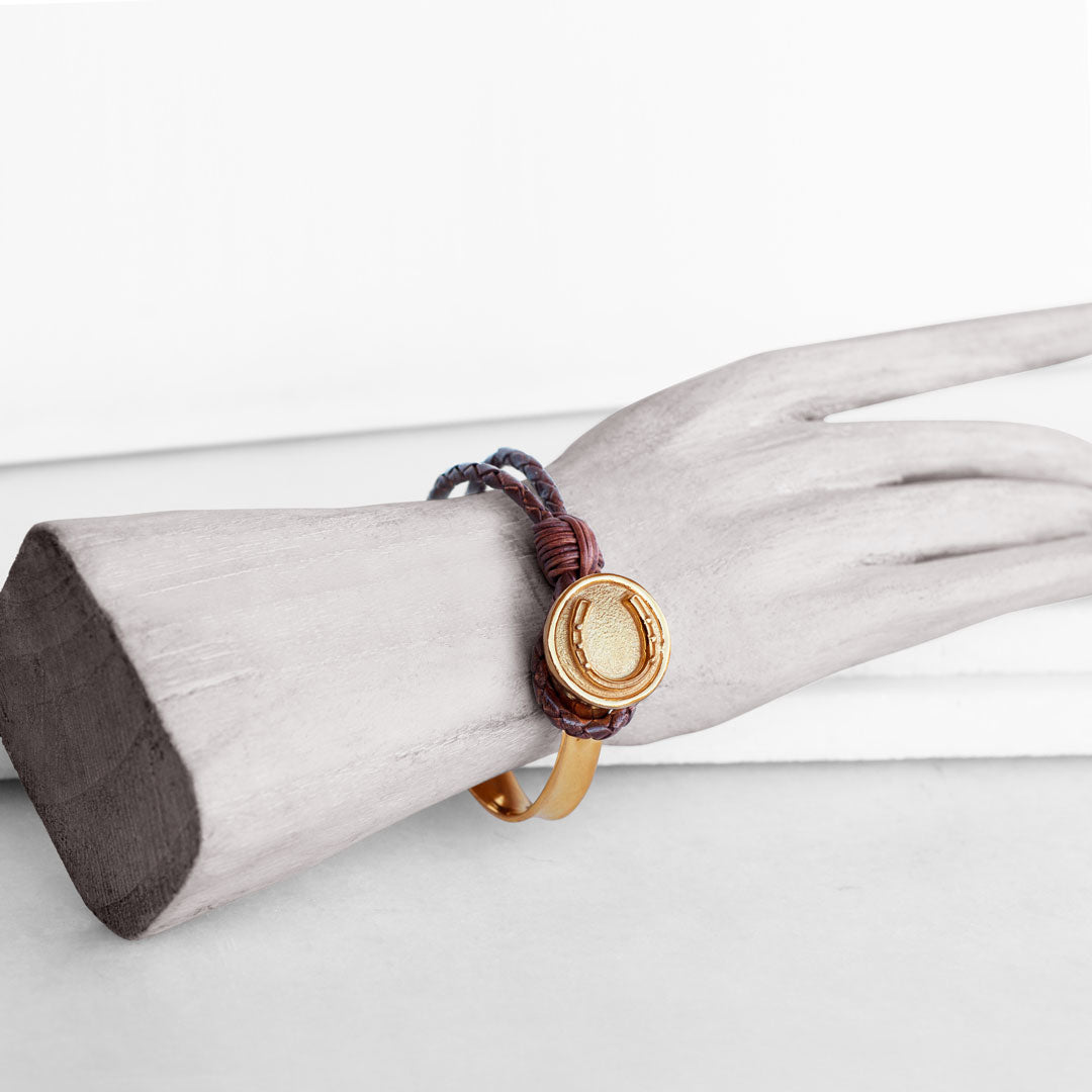 Urban Equestrian  Bosal - Leather laced Horseshoe Bracelet in Brown and Gold