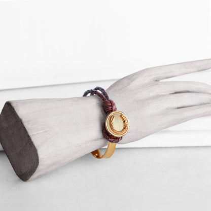 Urban Equestrian  Bosal - Leather laced Horseshoe Bracelet in Brown and Gold