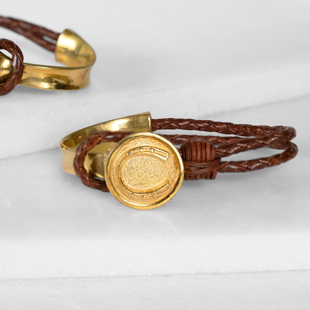 Urban Equestrian  Bosal - Leather laced Horseshoe Bracelet in Brown and Gold