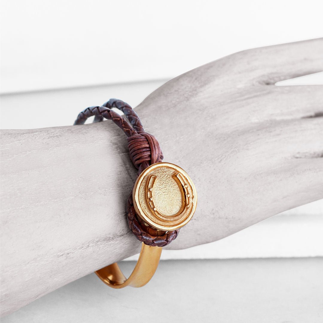 Urban Equestrian  Bosal - Leather laced Horseshoe Bracelet in Brown and Gold