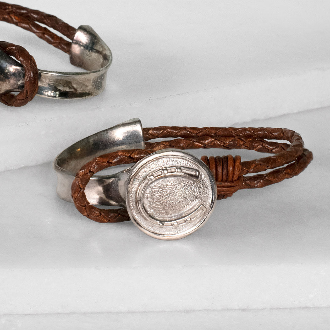 Urban Equestrian  Bosal - Leather laced Horseshoe Bracelet in Brown and Silver